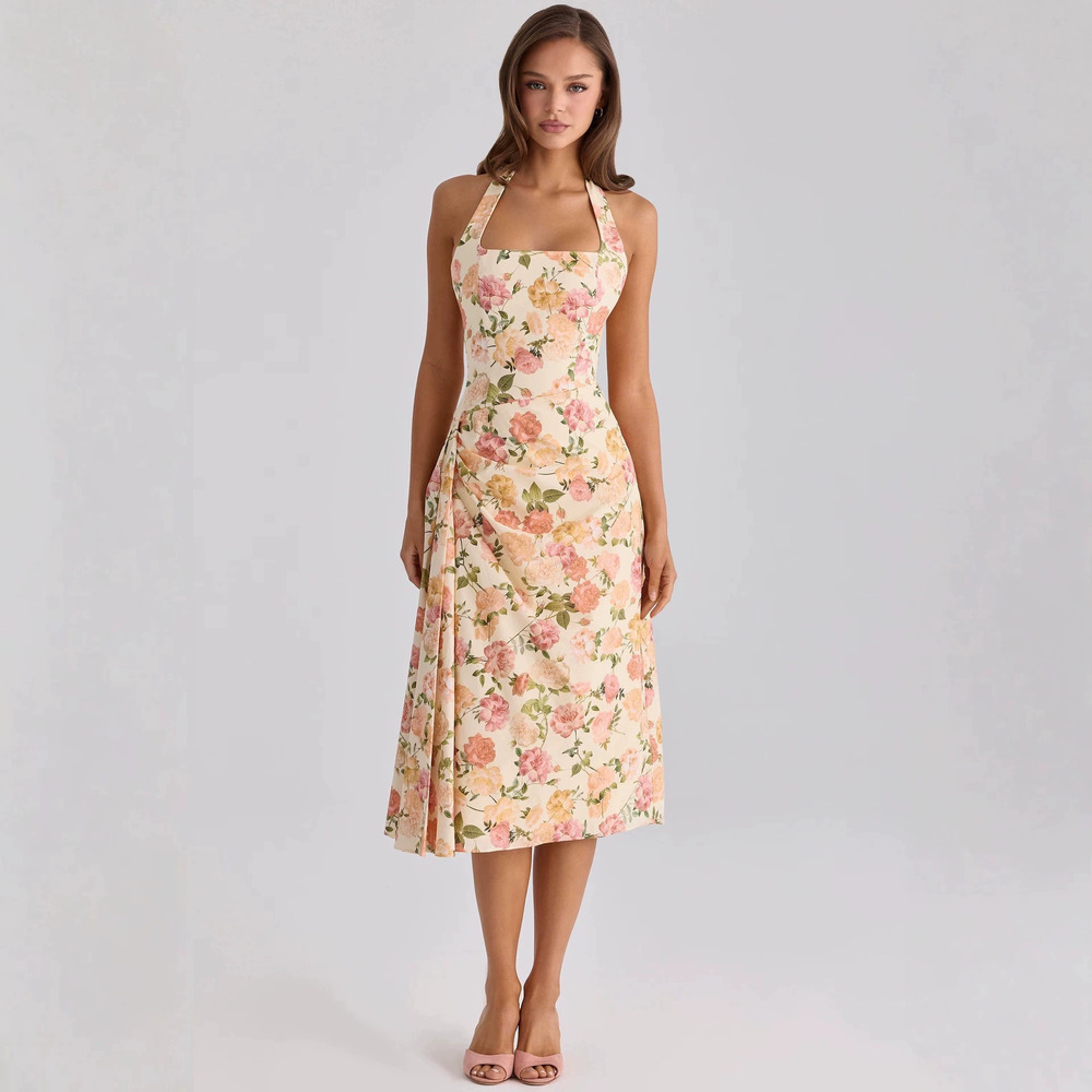 Zara Retro Summer Halter Square Neck Floral Dress Midi Shirred Waist Polyester